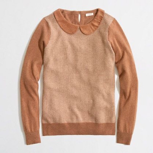 J. Crew Sweaters - J.Crew Herringbone Peter Pan Collar Sweater Camel Tan Suede Trim XS Preppy Luxe